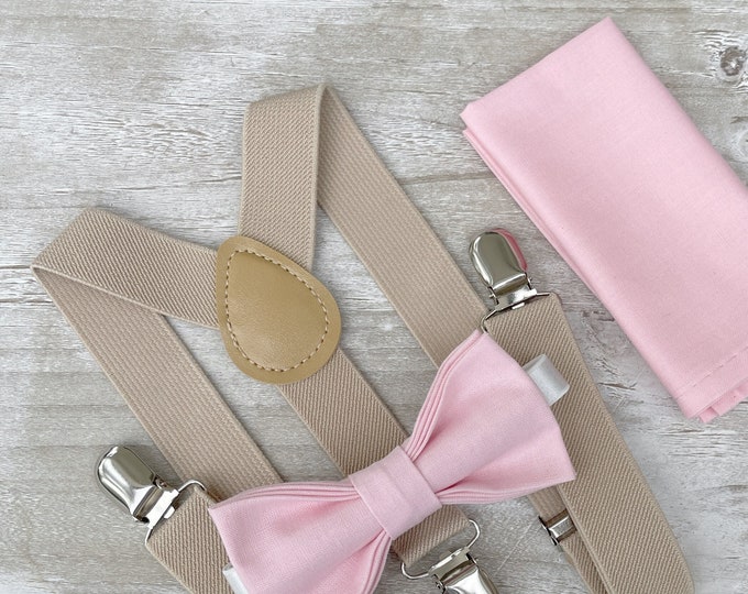 Baby Pink Bow Tie & Champagne Tan Suspenders , Khaki braces , Men's pocket square , Boy's Ring Bearer gift , Groomsmen Wedding outfit