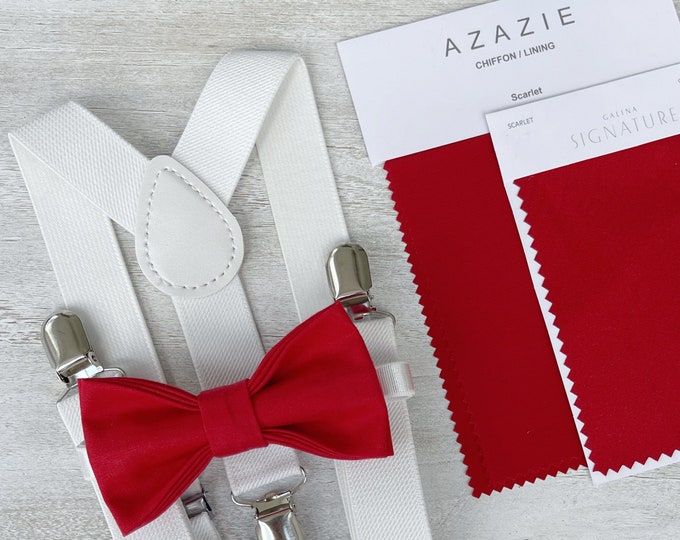 Scarlet Apple Bow Tie & White Suspenders , Men's Braces , Baptism Suspenders , Boy's Ring Bearer gift , Groomsmen Wedding set