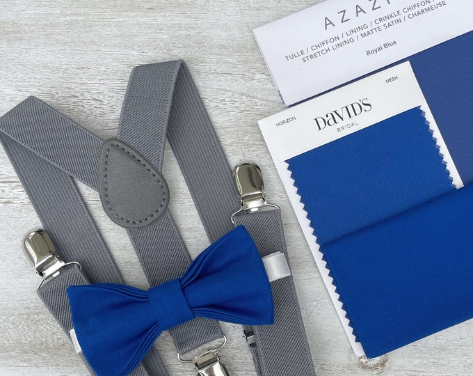 Royal Blue Bow Tie & Gray Suspenders , Groom Braces , Men's pocket square , Boy's Ring Bearer gift , Groomsmen Wedding outfit