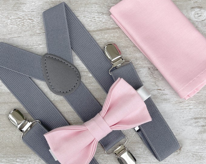 BABY PINK Bow Tie & Gray Suspenders , Men's pocket square , Boy's Ring Bearer gift , Groomsmen outfit  , Wedding Groom set