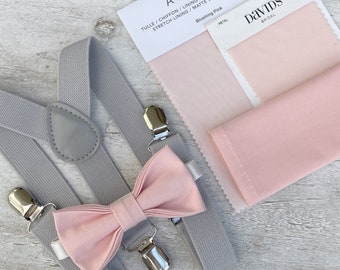 Blush Petal Pink Bow Tie & Light Gray Suspenders , Men's pocket square , Boy's Ring Bearer Toddler gift , Groomsmen Wedding outfit