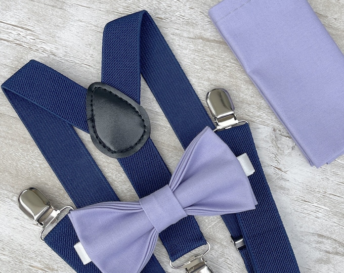 Lavender Purple Bow Tie & Navy Blue Suspenders , Marine Braces , Men's pocket square , Boy's Ring Bearer gift , Groomsmen Wedding outfit