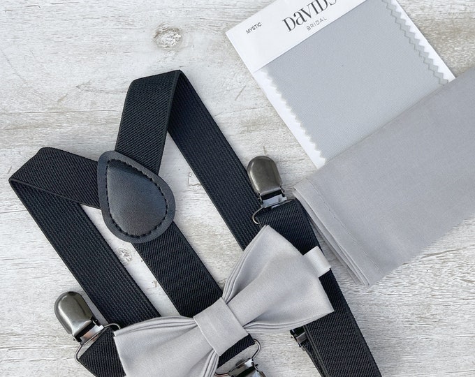 Mystic Gray Bow Tie & Black Suspenders , Men's pocket square , Boy's Ring Bearer gift , Groomsmen Wedding outfit , Cake Smash outfit