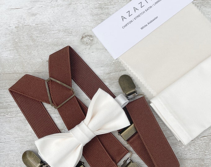 White Alabaster Ecru Bow Tie & Brown Suspenders , Men's pocket square , Boy's Ring Bearer gift , Groomsmen Wedding outfit , x- back braces