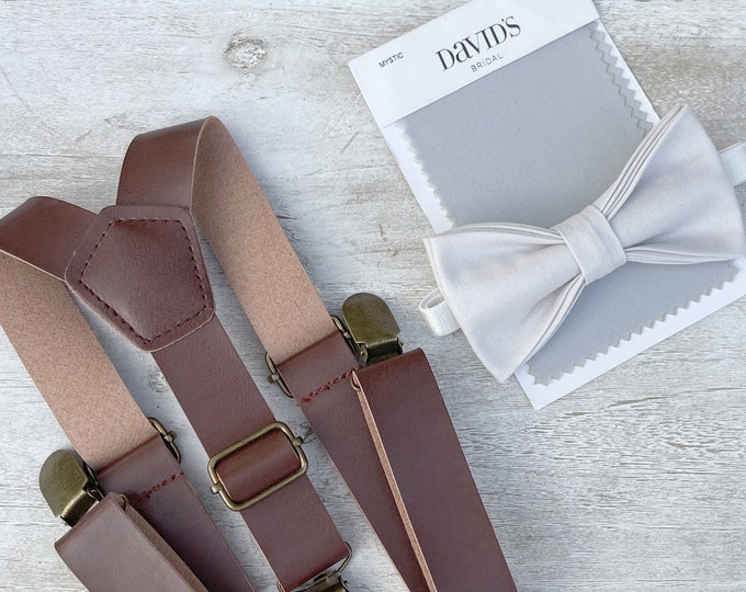 Pale Gray Bow Tie & Leather Suspenders , Men's Dark Brown Braces , Boy's Ring Bearer gift , Groomsmen Wedding outfit