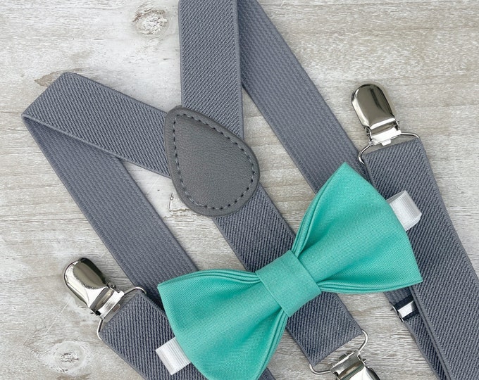 Mint Green Bow Tie & Gray Suspenders , Men's Braces , Boy's Ring Bearer gift , Groomsmen Wedding outfit