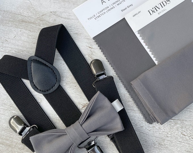 Gray Bow Tie & Black Suspenders , Men's pocket square , Boy's Ring Bearer gift , Groomsmen Wedding outfit , Newborn bow tie