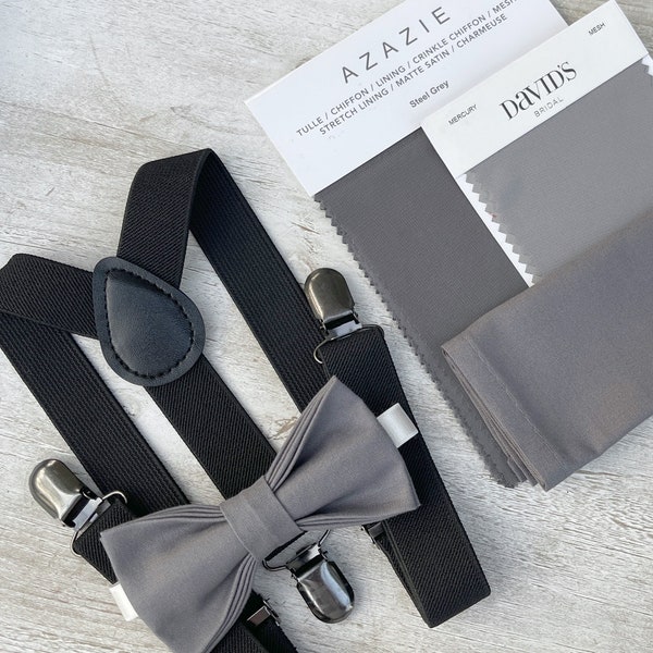 Gray Bow Tie & Black Suspenders , Men's pocket square , Boy's Ring Bearer gift , Groomsmen Wedding outfit , Newborn bow tie