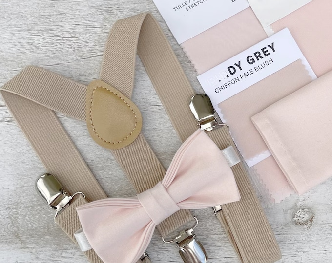 Blushing Pink Bow Tie & Champagne Tan Suspenders , Men's pocket square , Boy's Ring Bearer gift , Groomsmen Gift , Wedding Groom outfit