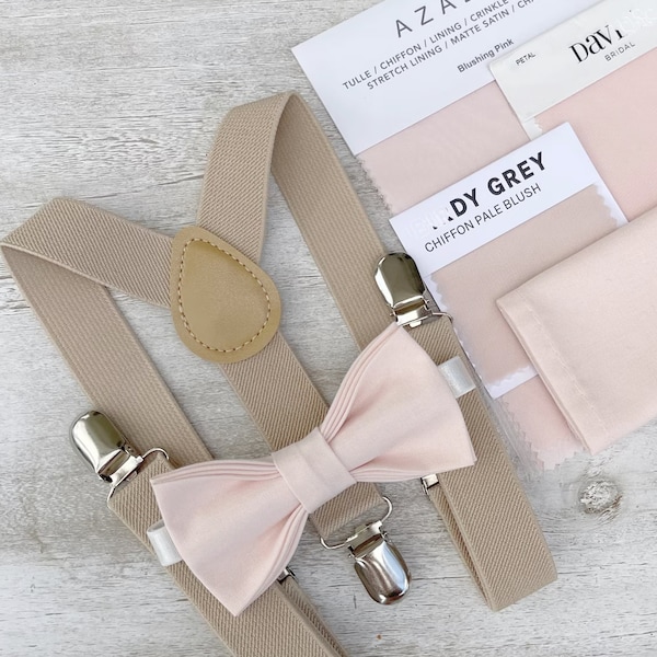 Blushing Pink Bow Tie & Champagne Tan Suspenders , Men's pocket square , Boy's Ring Bearer gift , Groomsmen Gift , Wedding Groom outfit