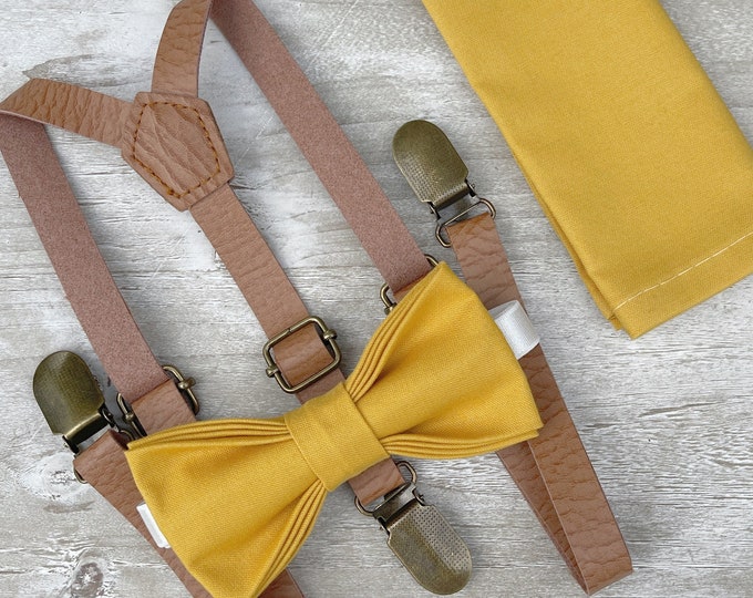 Mustard Yellow Bow Tie & Skinny Leather Suspenders , Men's pocket square , Boy's Ring Bearer gift , Groomsmen outfit  , Wedding Groom set