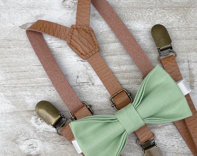 Sage Bow Tie & Skinny Leather Suspenders , Light Brown Braces , Men's pocket square , Boy's Ring Bearer gift , Wedding Groomsmen outfit