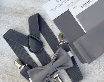 Gray Bow Tie & Dark Gray Suspenders , Men's pocket square , Boy's Ring Bearer gift , Groomsmen Wedding outfit , Groom Charcoal braces