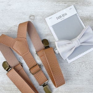 Pale Gray Bow Tie & Light Brown Leather Suspenders , Men's bow tie , Boy's Ring Bearer gift , Groomsmen outfit  , Wedding Groom set