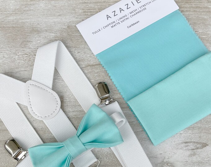 Aqua Blue Bow Tie & White Suspenders , Men's pocket square , Boy's Ring Bearer gift , Groomsmen Wedding outfit