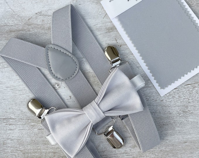 Pale Gray Bow Tie & Light gray Suspenders , Men's bow tie , Boy's Ring Bearer gift , Groomsmen Gift , Wedding Groom outfit , toddler set
