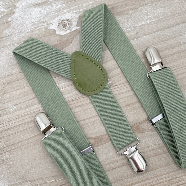 Moss Green Suspenders , Eucalypt Suspenders , Toddler Suspenders , Boy's Ring bearer Newborn Baby Suspenders