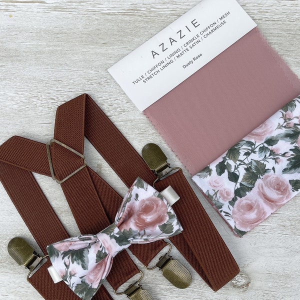 Dusty Rose Floral Bow Tie & Brown Suspenders , Men's pocket square , Boy's Ring Bearer gift , Groomsmen Wedding outfit , x- back braces