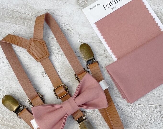 Desert Coral Bow Tie & Skinny Leather Suspenders , light brown braces , Men's pocket square , Boy's Ring Bearer gift , Groomsmen Wedding set