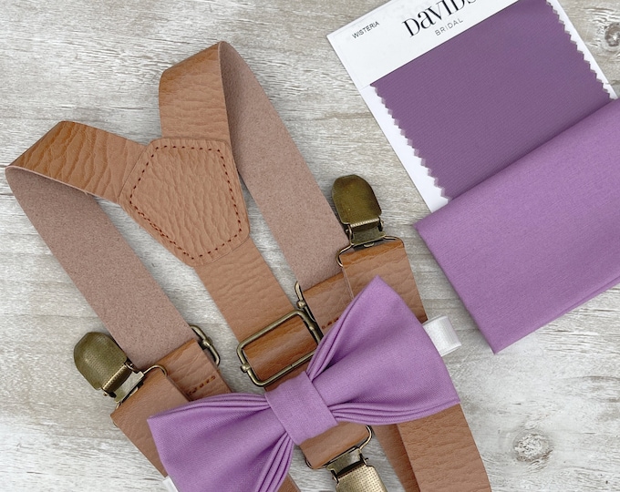 Wisteria Purple Bow Tie & Leather Suspenders , Light Brown Braces  , Men's pocket square , Boy's Ring Bearer gift , Groomsmen Wedding outfit
