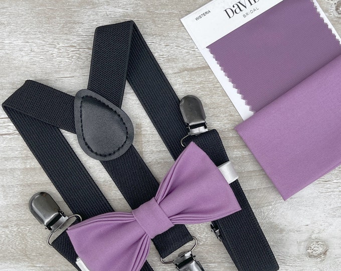 Wisteria Bow Tie & Black Suspenders , Men's pocket square , Boy's Ring Bearer gift , Groomsmen Wedding outfit , Groom Braces