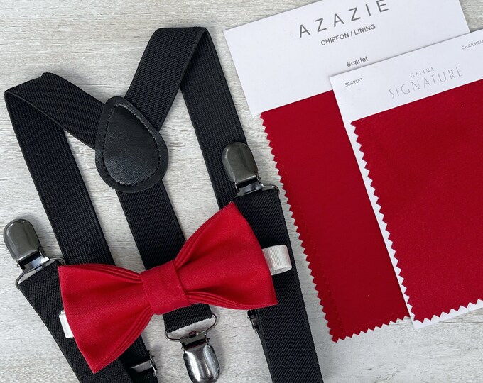 Scarlet Apple Bow Tie & Black Suspenders , Men's Braces , Boy's Ring Bearer gift , Groomsmen Wedding set
