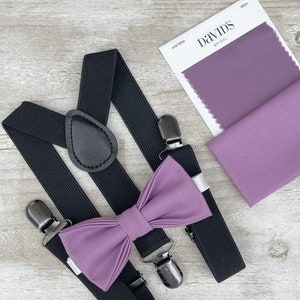 Wisteria Bow Tie & Black Suspenders , Men&#39;s pocket square , Boy&#39;s Ring Bearer gift , Groomsmen Wedding outfit , Groom Braces