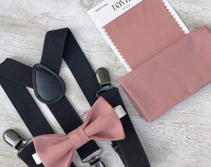 Desert Coral Bow Tie & Black Suspenders , Groom braces , Men's pocket square , Boy's Ring Bearer gift , Groomsmen Wedding outfit