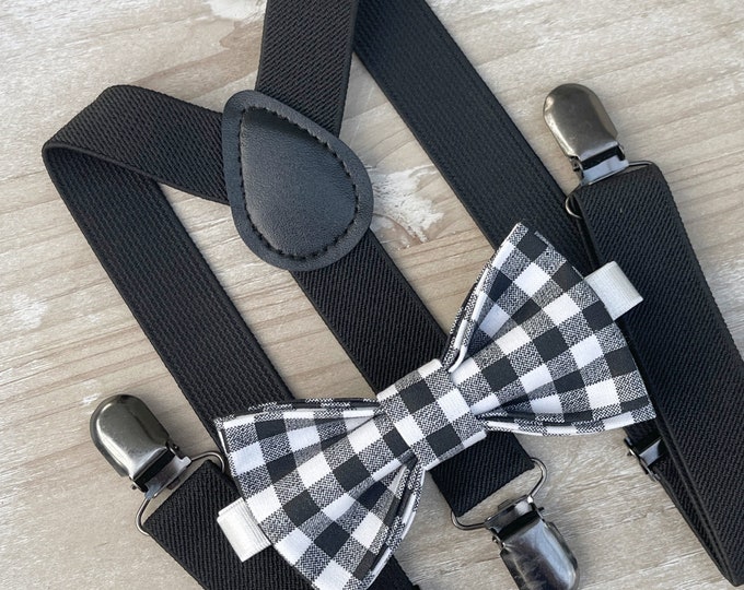 Plaid Black Bow Tie & Black Suspenders , Men's bow tie  , Boy's Ring Bearer gift , Groomsmen Gift , Wedding Groom outfit , Cake Smash set