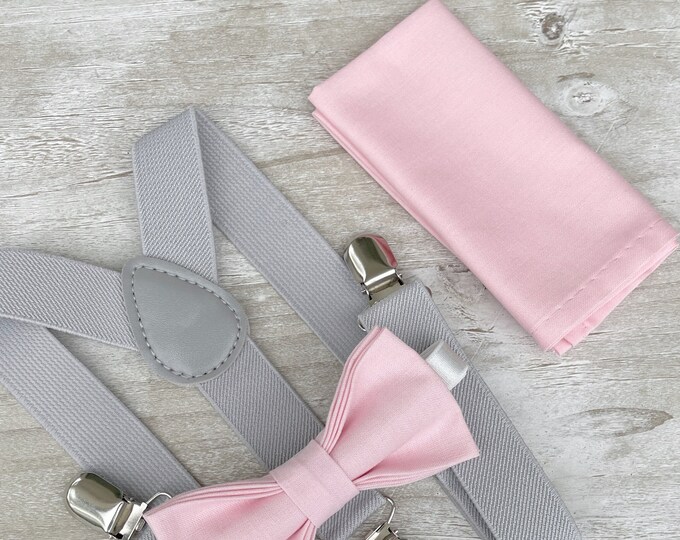 Baby Pink Bow Tie & Light Gray Suspenders , Men's pocket square , Boy's Ring Bearer gift , Groomsmen Gift , Wedding Groom outfit