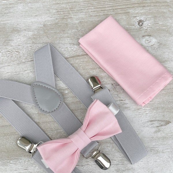 Baby Pink Bow Tie & Light Gray Suspenders , Men's pocket square , Boy's Ring Bearer gift , Groomsmen Gift , Wedding Groom outfit