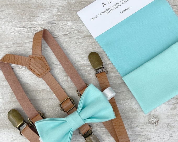 Aqua Blue Bow Tie & Leather Skinny Suspenders , Light Brown braces , Men's pocket square , Boy's Ring Bearer gift , Groomsmen Wedding outfit