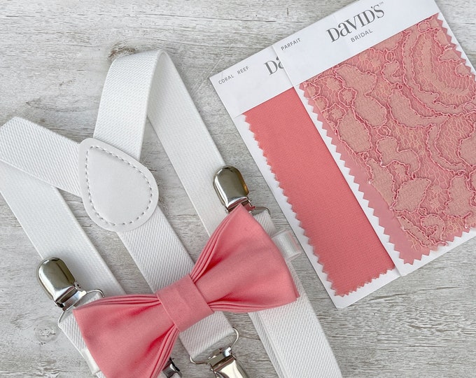 Parfait Coral Bow Tie & White Suspenders , Men's Braces , Boy's Ring Bearer gift , Groomsmen Wedding outfit