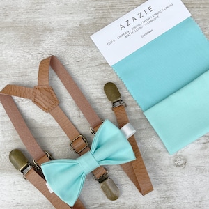 Aqua Blue Bow Tie & Leather Skinny Suspenders , Light Brown braces , Men&#39;s pocket square , Boy&#39;s Ring Bearer gift , Groomsmen Wedding outfit