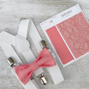 Parfait Coral Bow Tie & White Suspenders , Men&#39;s Braces , Boy&#39;s Ring Bearer gift , Groomsmen Wedding outfit