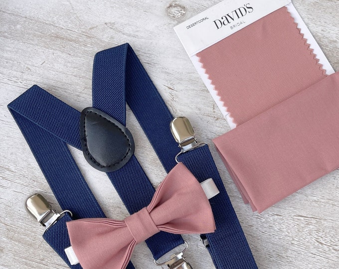 Desert Coral Bow Tie & Navy Blue Suspenders , Marine braces , Men's pocket square , Boy's Ring Bearer gift , Groomsmen Wedding outfit