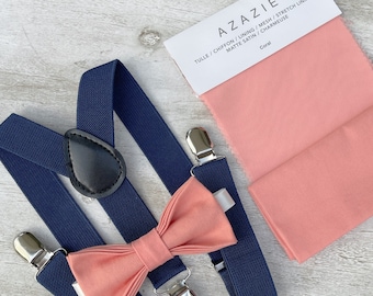 Salmon Coral Bow Tie & Navy Blue Suspenders , Marine Braces , Men's pocket square , Boy's Ring Bearer gift , Groomsmen Wedding set