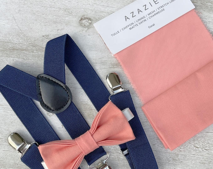 Salmon Coral Bow Tie & Navy Blue Suspenders , Marine Braces , Men's pocket square , Boy's Ring Bearer gift , Groomsmen Wedding set