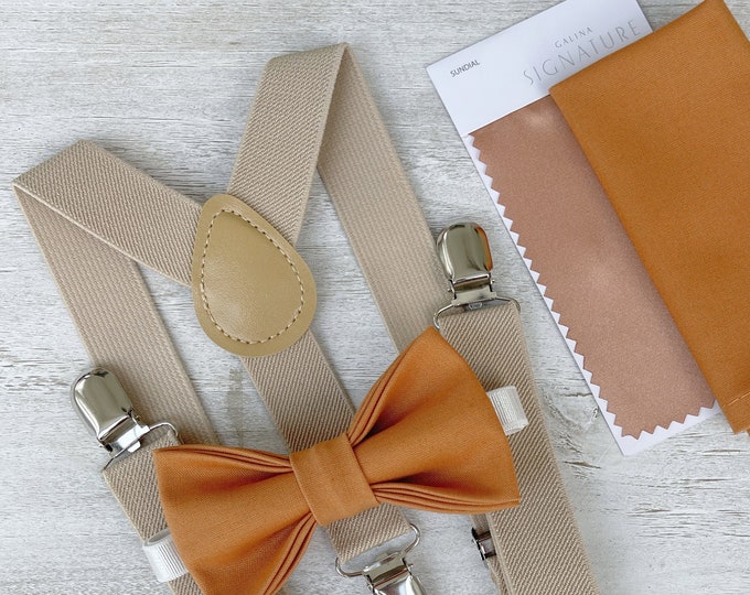 Butterscotch Sundial Bow Tie & Champagne Tan Suspenders , Men's pocket square , Boy's Ring Bearer gift , Groomsmen Wedding outfit
