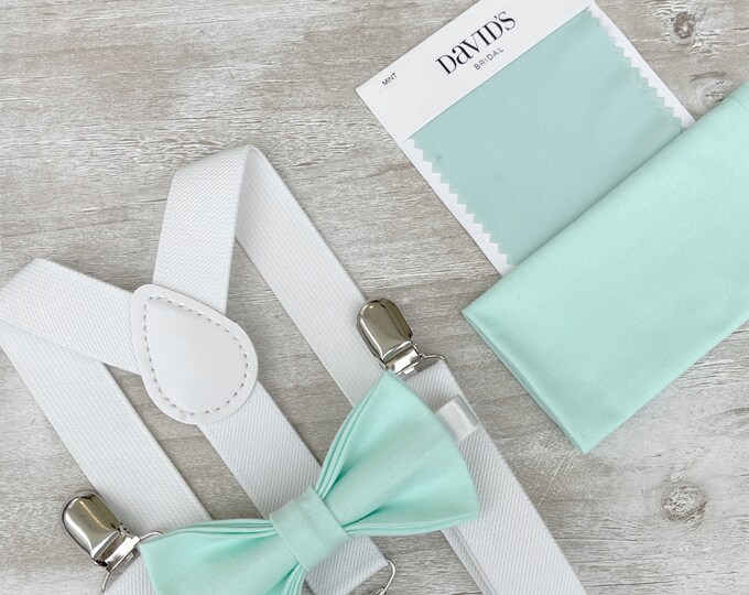 Mint Bow Tie & White Suspenders , Men's pocket square , Boy's Ring Bearer Toddler gift , Groomsmen Gift , Wedding Groom outfit