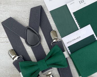 Juniper Green Bow Tie & Dark Gray Suspenders , Men's pocket square , Boy's Ring Bearer gift , Groomsmen Wedding outfit , charcoal braces