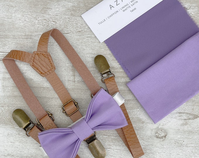 Tahiti Purple Bow Tie & Skinny Light Brown Suspenders , Men's pocket square , Boy's Ring Bearer gift , Groomsmen Gift , Wedding Groom outfit