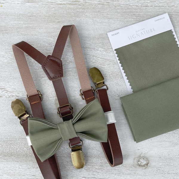 Moss Green Bow Tie & Leather Skinny Brown Suspenders , Eucalypt Bow , Mens pocket square , Boy's Ring Bearer gift , Groomsmen Wedding outfit