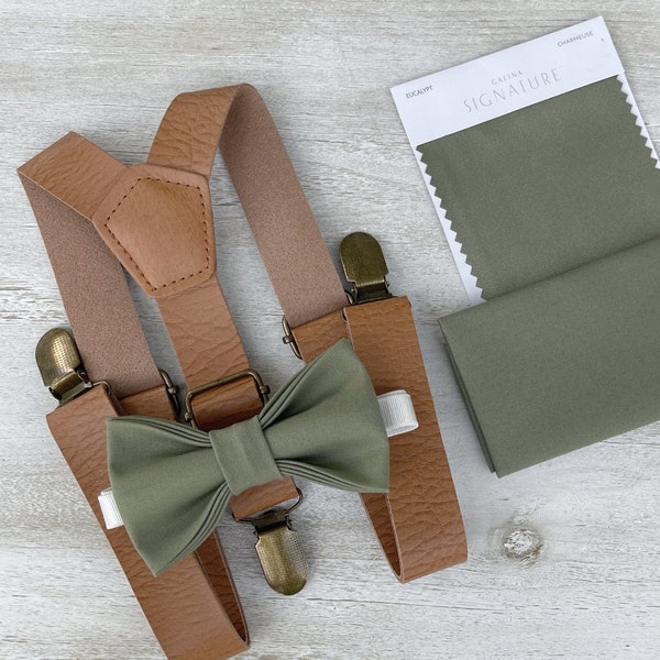 Noeud papillon vert mousse - Bretelles en cuir brun clair, noeud d'eucalyptus, pochette pour homme, cadeau de porteur d'anneau pour garçon, tenue de mariage de garçons d'honneur