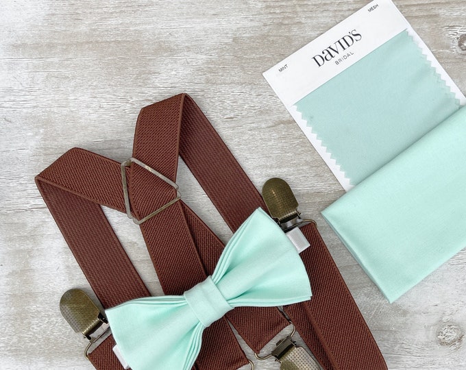 Mint Bow Tie & Brown Suspenders , x - back Braces , Men's pocket square , Boy's Ring Bearer gift , Groomsmen Wedding set