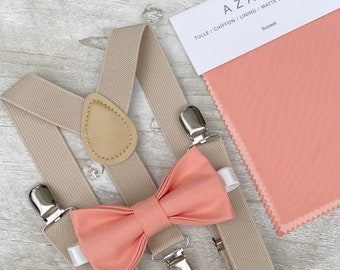 Sunset Coral Bow Tie & Champagne Tan Suspenders , Men's bow tie , Boy's Ring Bearer gift , Groomsmen Gift , Wedding Groom outfit