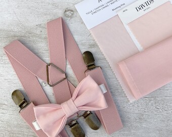 Pajarita rosa rubor y tirantes con espalda en X rosa polvoriento, pañuelo de bolsillo para hombre, regalo de portador de anillo para niño, conjunto de padrinos de boda, traje de novio de boda