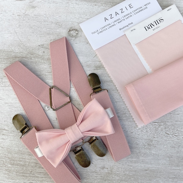 Pajarita rosa rubor y tirantes con espalda en X rosa polvoriento, pañuelo de bolsillo para hombre, regalo de portador de anillo para niño, conjunto de padrinos de boda, traje de novio de boda