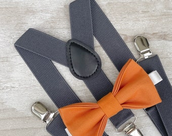 Burnt Orange Bow Tie & Dark Gray Suspenders , Men's Charcoal braces , Boy's Ring Bearer gift , Groomsmen Wedding outfit