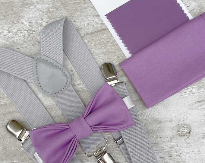 Wisteria Bow Tie & Light Gray Suspenders , Men's pocket square , Boy's Ring Bearer gift , Groomsmen set , Wedding Groom outfit